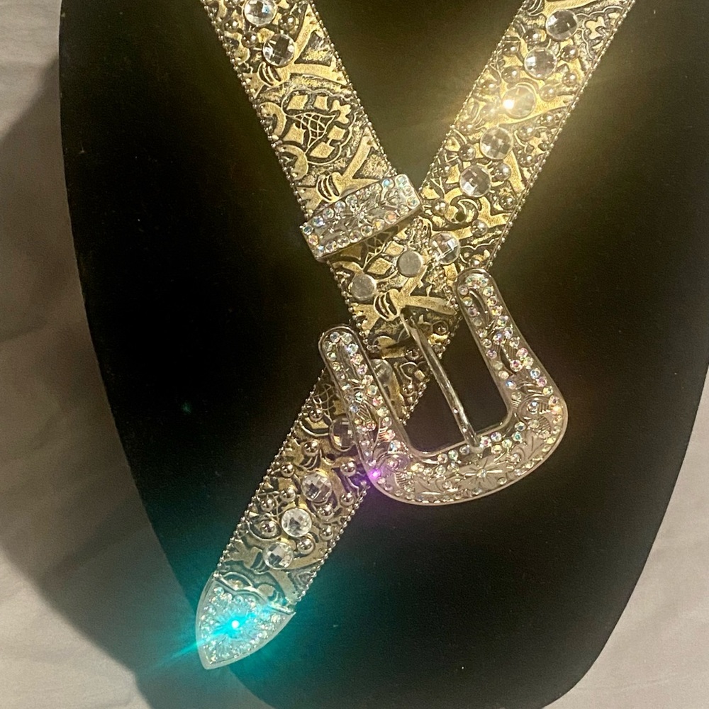 Gold and Black Leather Women’s Rhinestone Belt